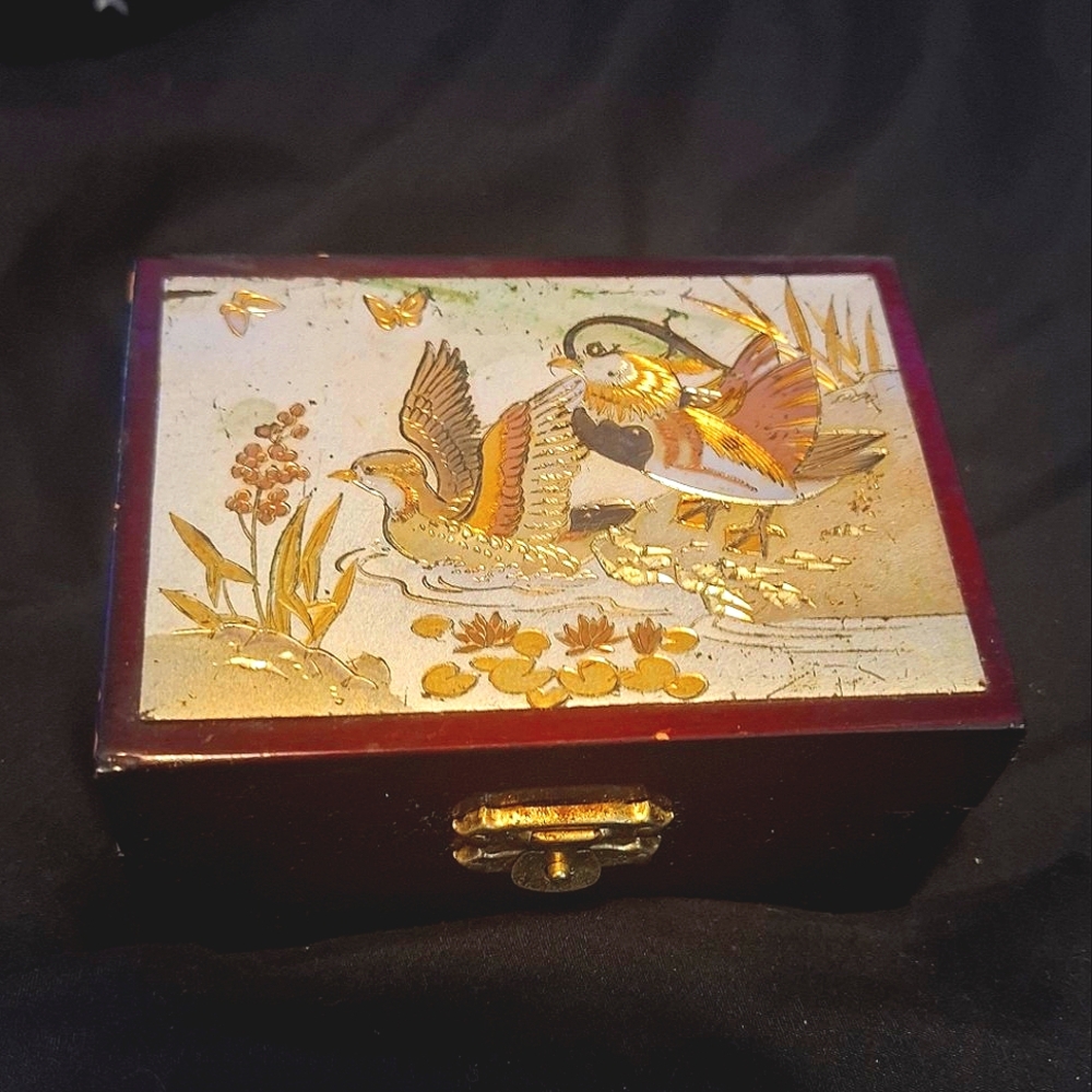 🦆Vintage Art Of Chokin Etched Trinket Jewelry Box Engraved Wood Birds Japan